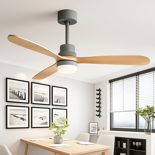 ventilateur de plafond en bois design vintage avec lumière intégrée