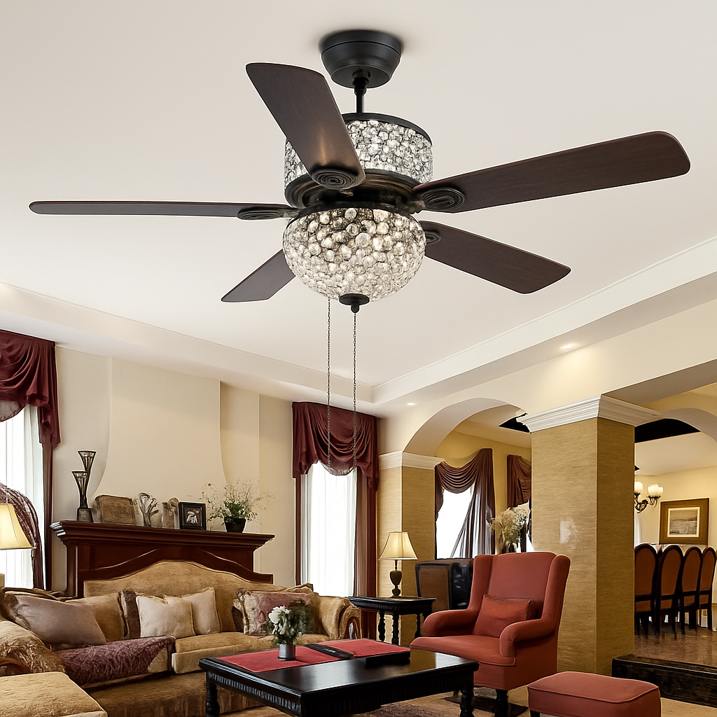 ventilateur de plafond en cristal avec télécommande et lumières - vue 3 sur 9
