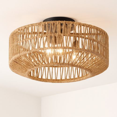 ventilateur de plafond en rotin avec lumière et télécommande vintage - vue 2 sur 7