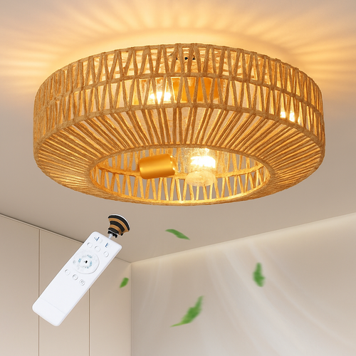 ventilateur de plafond en rotin avec lumière et télécommande vintage - vue 4 sur 7