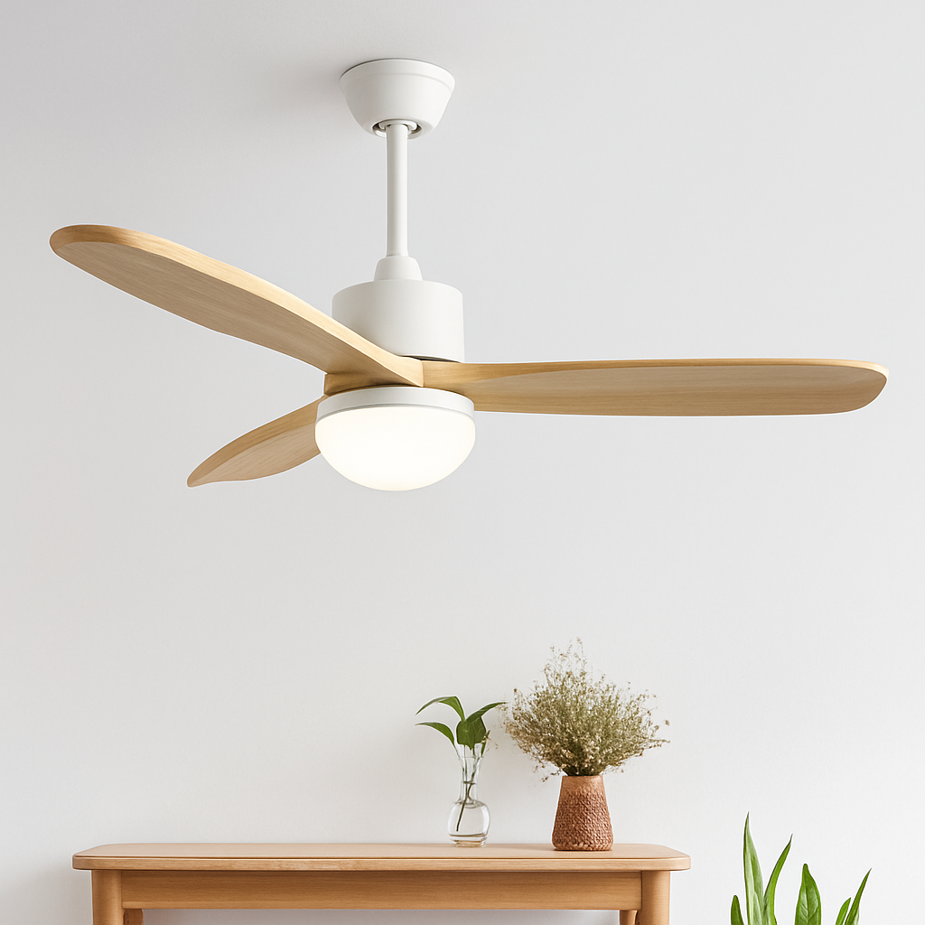 ventilateur de plafond nordique à lumière télécommandée en bois et métal - vue 3 sur 12