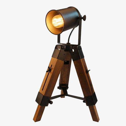 Lampe à poser rétro à LED tripod en bois et abat-jour Country - vue 2 sur 3