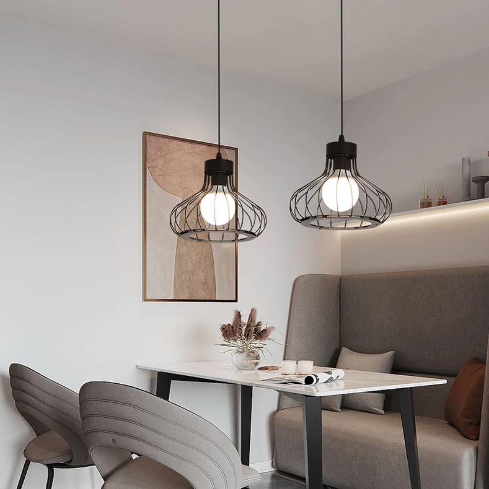 Suspension design industriel avec lampe en cage - vue 2 sur 8