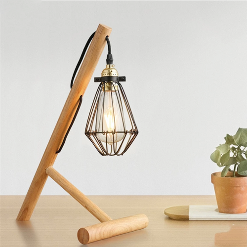 Lampe de bureau ou chevet avec pied en bois et lampe en cage métal - vue 3 sur 4