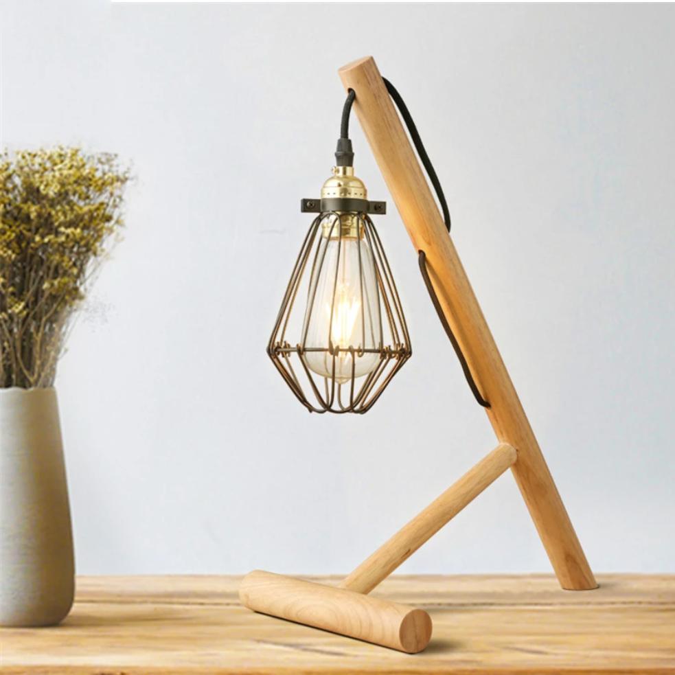 Lampe de bureau ou chevet avec pied en bois et lampe en cage métal - vue 2 sur 4