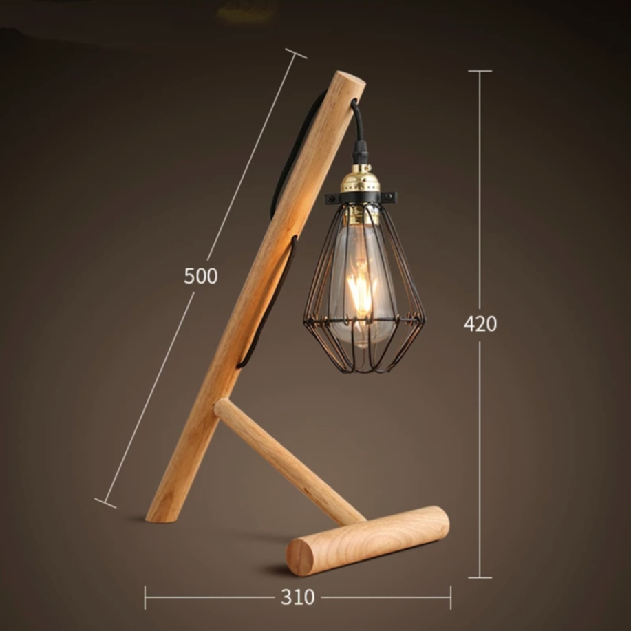 Lampe de bureau ou chevet avec pied en bois et lampe en cage métal - vue 4 sur 4