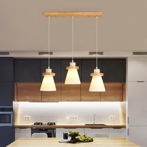 Suspension scandinave LED abat-jour en verre et en bois Kaylie - vue 4 sur 9