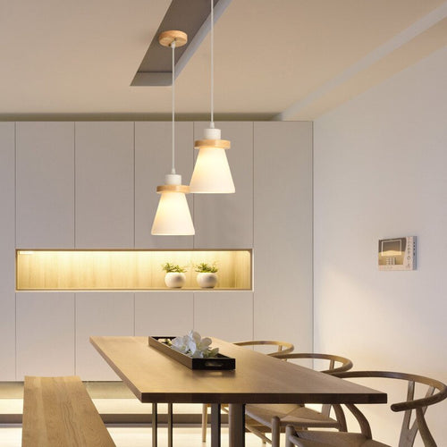 Suspension scandinave LED abat-jour en verre et en bois Kaylie - vue 7 sur 9