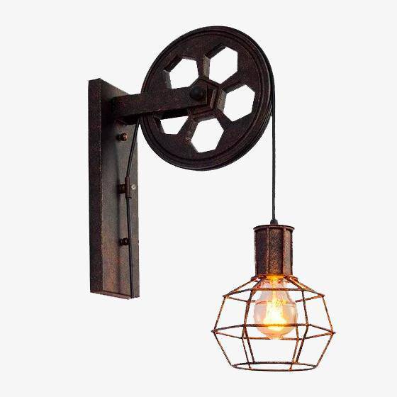 Applique murale rustique poulie avec cage industrielle