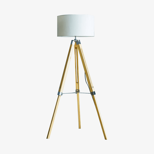 Lampadaire sur pied en tréteaux en bois ajustable avec abat-jour tissu - vue 2 sur 14