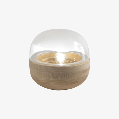 Lampe à poser moderne LED avec base en bois et socle en verre arrondie - vue 2 sur 4