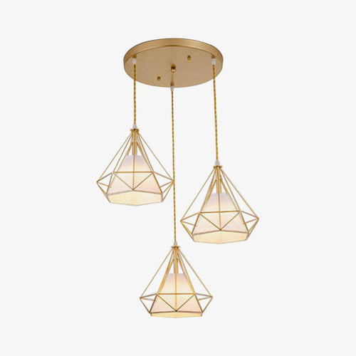 Lustre à suspensions à cages coniques dorées - vue 2 sur 7
