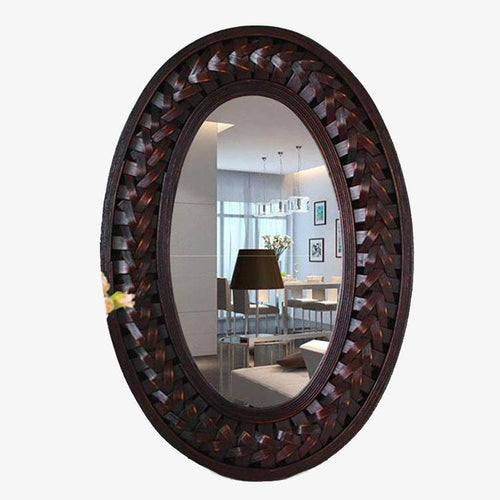 Miroir mural décoratif ovale en bois foncé tressé - vue 3 sur 3