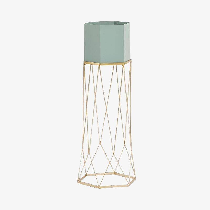 Piédestal sur pied haut design en métal avec pot géométrique - vue 1 sur 15