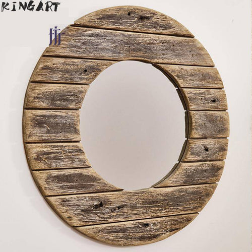 Miroir mural décoratif rond en bois effet plancher - vue 3 sur 8