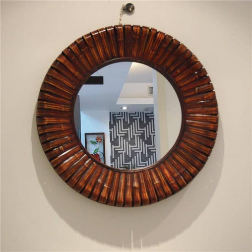 Miroir mural décoratif rond en bois bambou - vue 2 sur 7