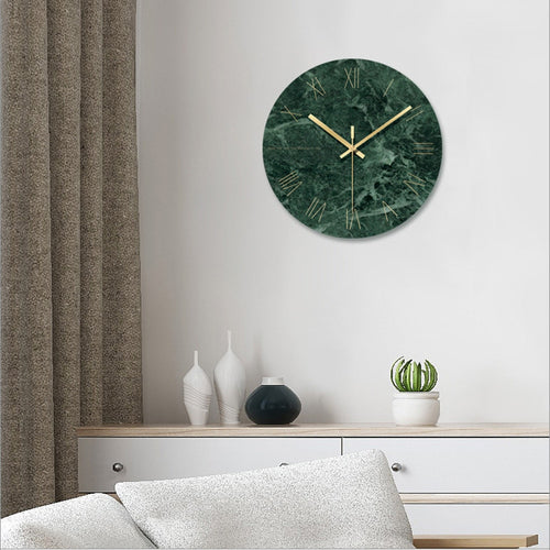 Horloge murale ronde design en verre style marbre vert et détails dorés 30cm - vue 3 sur 8