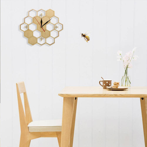 Horloge murale en bois avec alvéoles et abeilles 30cm - vue 2 sur 5