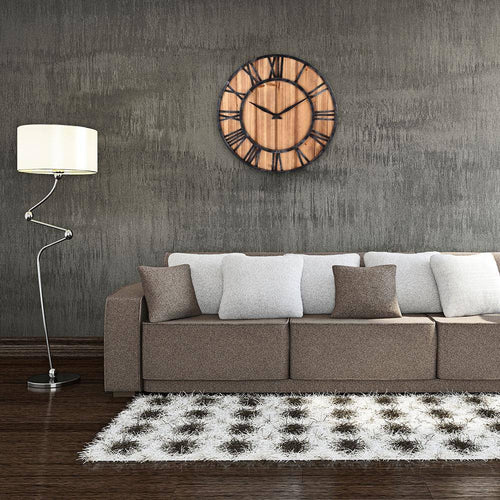 Horloge murale ronde en bois et métal avec chiffres romain style industriel 40cm - vue 3 sur 6