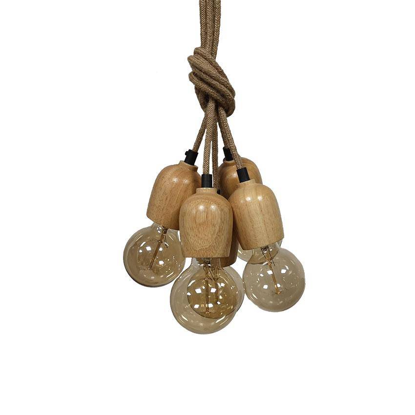 Suspension à 5 lampes en bois suspendues sur cordages - vue 3 sur 4