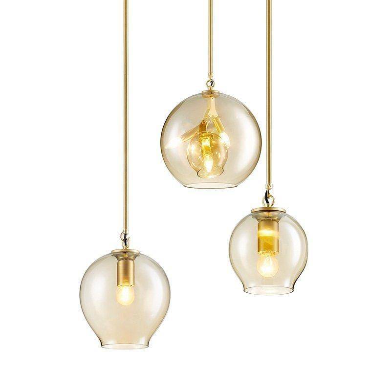 Suspension design LED en verre cristal et anneaux dorés - vue 2 sur 5
