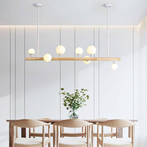 Lustre scandinave LED allongé en bois et boules en verre - vue 3 sur 5