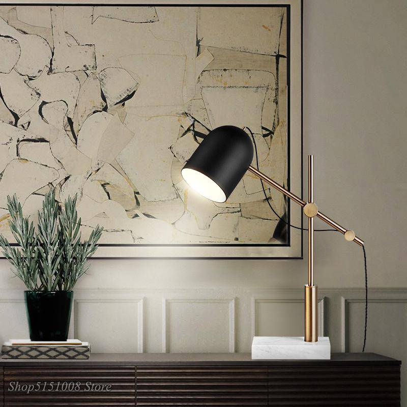 Lampe à poser design LED en marbre avec abat-jour arrondi noir - vue 2 sur 8