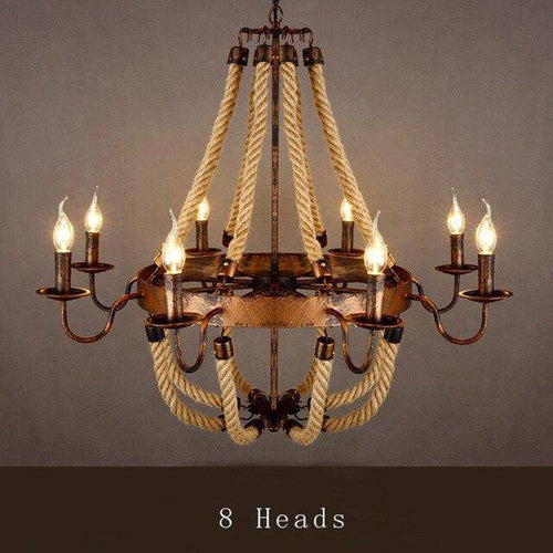 Lustre rustique en métal et cordages avec lampes en flamme - vue 7 sur 7