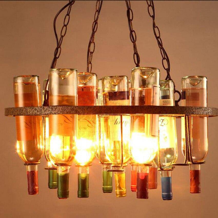 Lustre rustique en métal rétro et bouteilles en verre colorées 60x32cm - vue 4 sur 5
