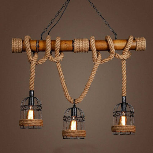 Suspension rustique LED en bois avec corde et plusieurs cage en métal style rétro - vue 6 sur 7