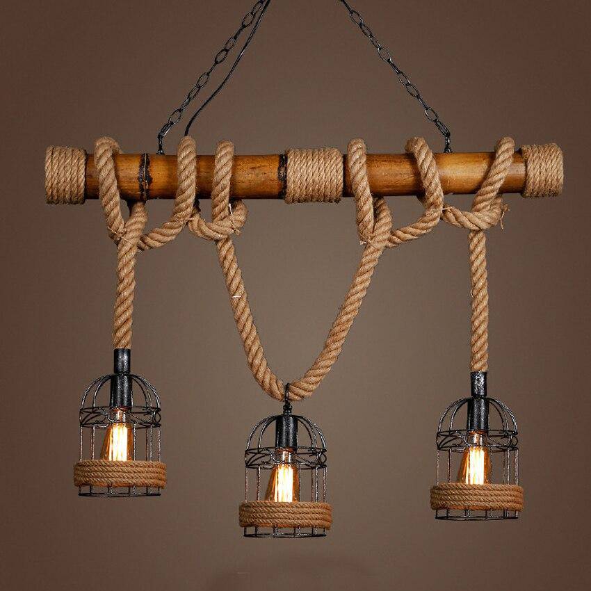 Suspension rustique LED en bois avec corde et plusieurs cage en métal style rétro - vue 6 sur 7