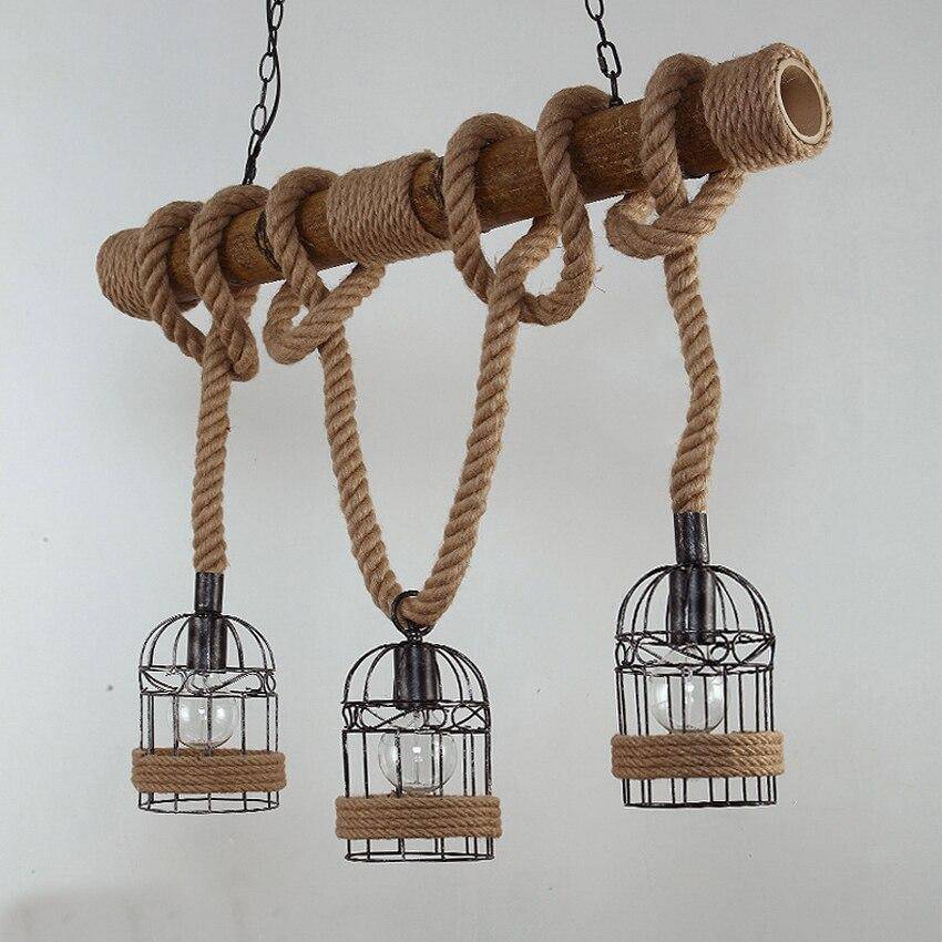 Suspension rustique LED en bois avec corde et plusieurs cage en métal style rétro - vue 3 sur 7