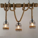 Suspension rustique LED en bois avec corde et plusieurs cage en métal style rétro