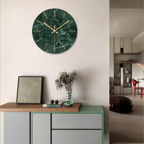 Horloge murale ronde design en verre style marbre vert et détails dorés 30cm - vue 4 sur 8