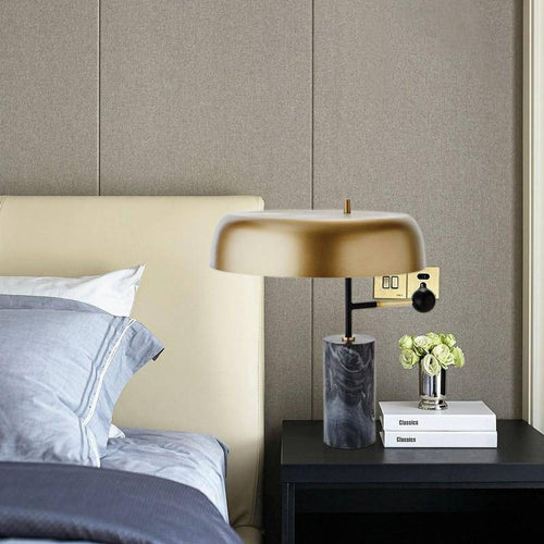 Lampe à poser design LED en marbre avec abat-jour arrondi doré - vue 4 sur 4