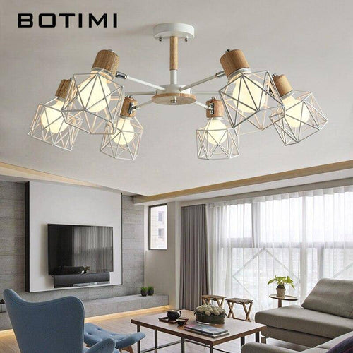 Lustre moderne LED bois avec plusieurs abat-jours en métal - vue 3 sur 7