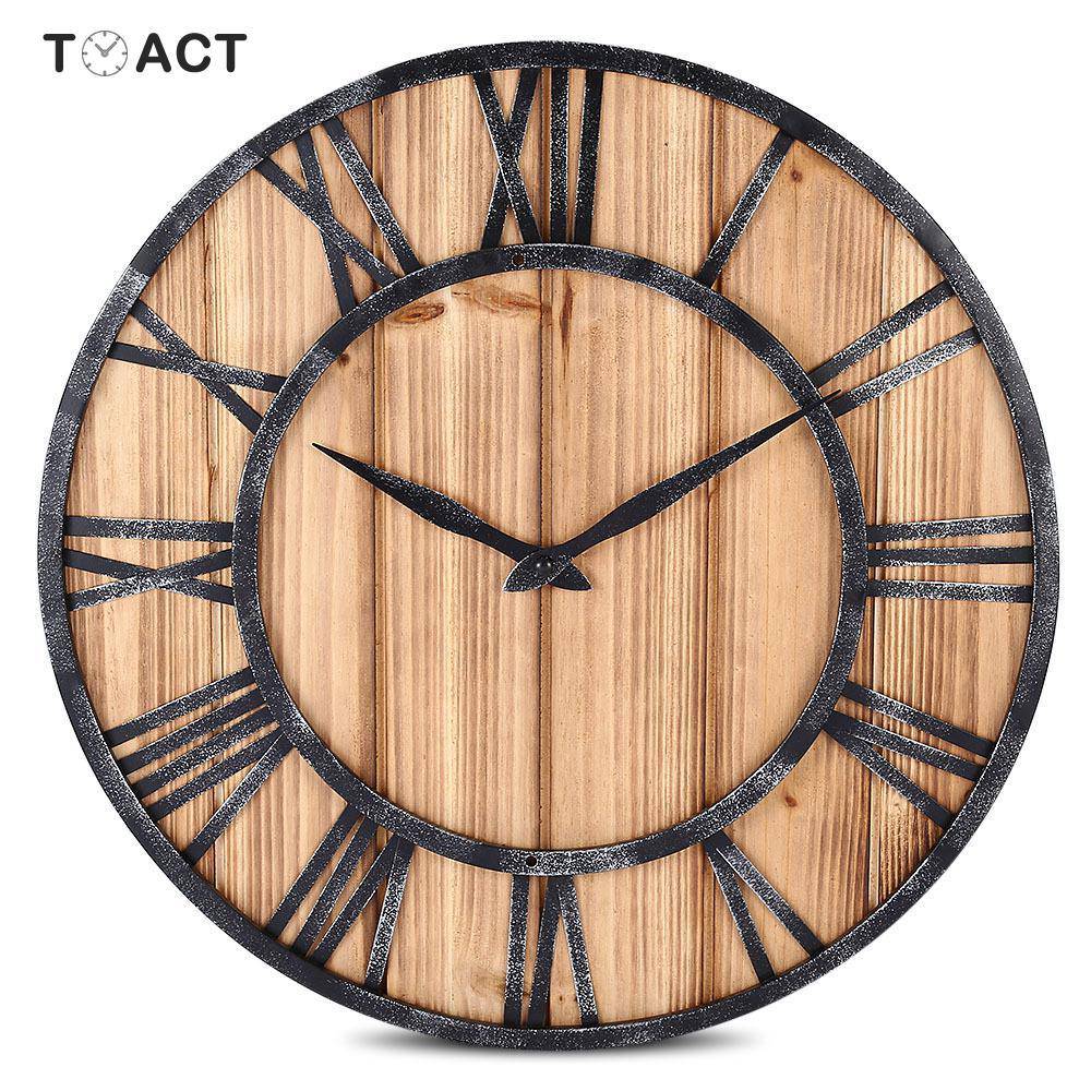 Horloge murale ronde en bois et métal avec chiffres romain style industriel 40cm - vue 6 sur 6