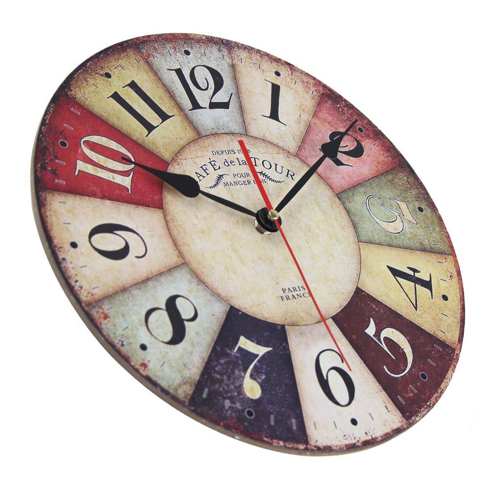 Horloge murale ancienne ronde style vintage en bois Rustic - vue 3 sur 3