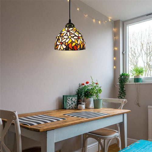 Suspension rétro à LED avec abat-jour verre aux motifs fleurs - vue 3 sur 7
