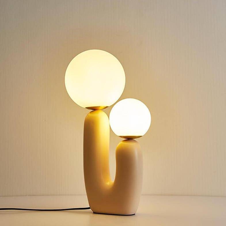 Lampe de chevet design LED en résine rose et double boule en verre - vue 3 sur 8