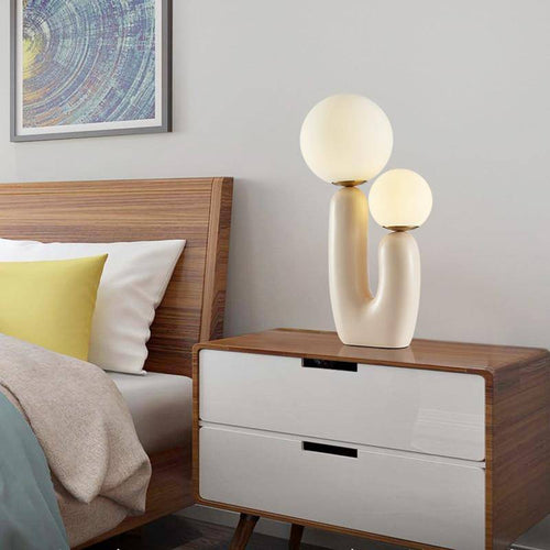 Lampe de chevet design LED en résine rose et double boule en verre - vue 7 sur 8