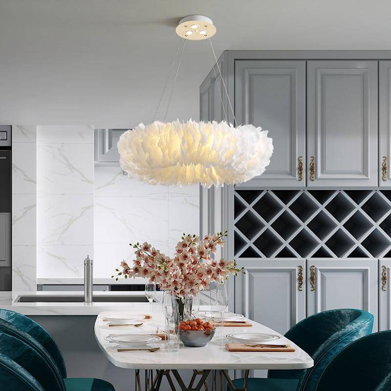 Lustre rond design LED en plumes colorées - vue 4 sur 25
