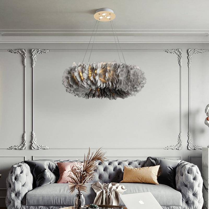 Lustre rond design LED en plumes colorées - vue 2 sur 25