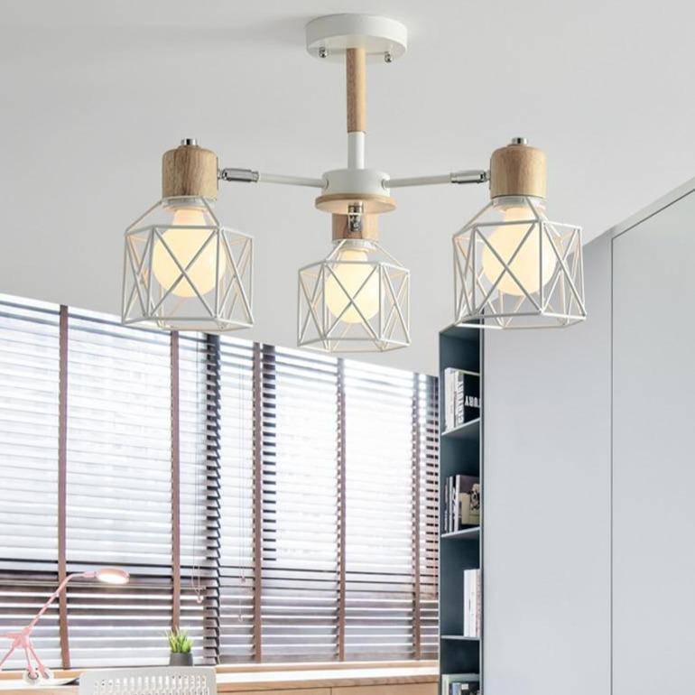 Lustre moderne LED bois avec plusieurs abat-jours en métal - vue 3 sur 7