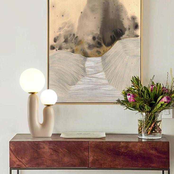 Lampe de chevet design LED en résine rose et double boule en verre - vue 4 sur 8