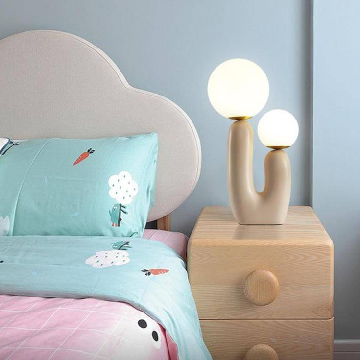 Lampe de chevet design LED en résine rose et double boule en verre - vue 5 sur 8