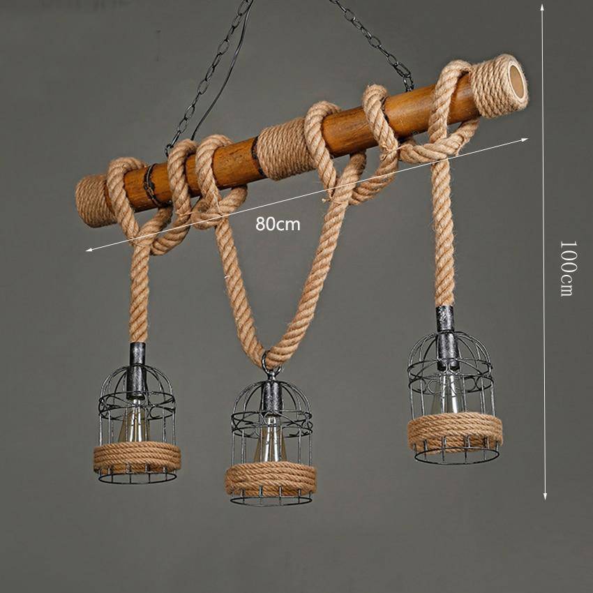 Suspension rustique LED en bois avec corde et plusieurs cage en métal style rétro - vue 7 sur 7
