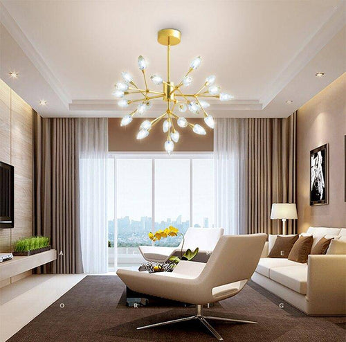 Lustre design LED doré avec plusieurs ampoules cristal - vue 2 sur 4