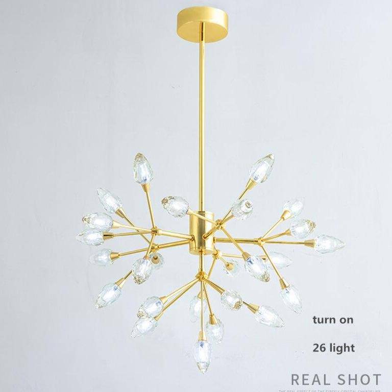 Lustre design LED doré avec plusieurs ampoules cristal - vue 3 sur 4