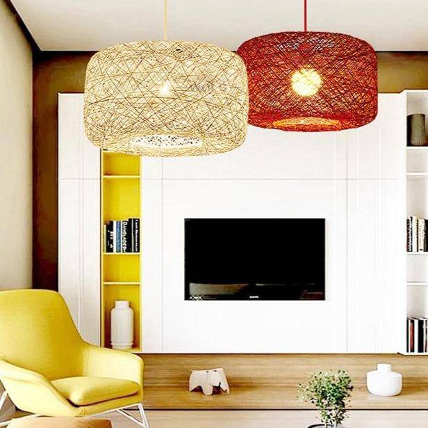 Suspension en rotin LED avec abat-jour arrondi coloré - vue 3 sur 9